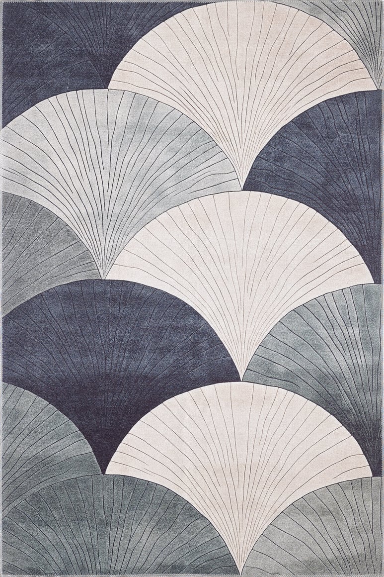 The Vivian Modern Washable Area Rug - MDJ010 (Custom Size) showcases an overlapping fan or shell pattern in dark blue, gray, and cream with fine line accents—an ideal stylish gray-anthracite rug for high-traffic spaces.