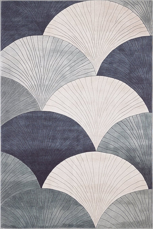 Load image 1 in gallery view. The Vivian Modern Washable Area Rug - MDJ010 (Custom Size) showcases an overlapping fan or shell pattern in dark blue, gray, and cream with fine line accents—an ideal stylish gray-anthracite rug for high-traffic spaces.