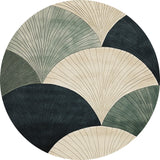 The Vivian Modern Washable Area Rug - MDJ010 (Custom Size) is a round rug with an abstract fan-shaped pattern in green, beige, and dark blue—washable and perfect for adding style to busy, high-traffic spaces.