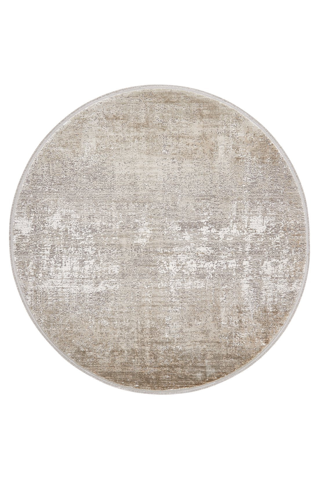The Vortexia Light Premium Rug - M472D is a round, machine-made rug with a distressed, textured pattern in beige, cream, and light brown tones. It has a contemporary faded look and features a thin, light-colored border.