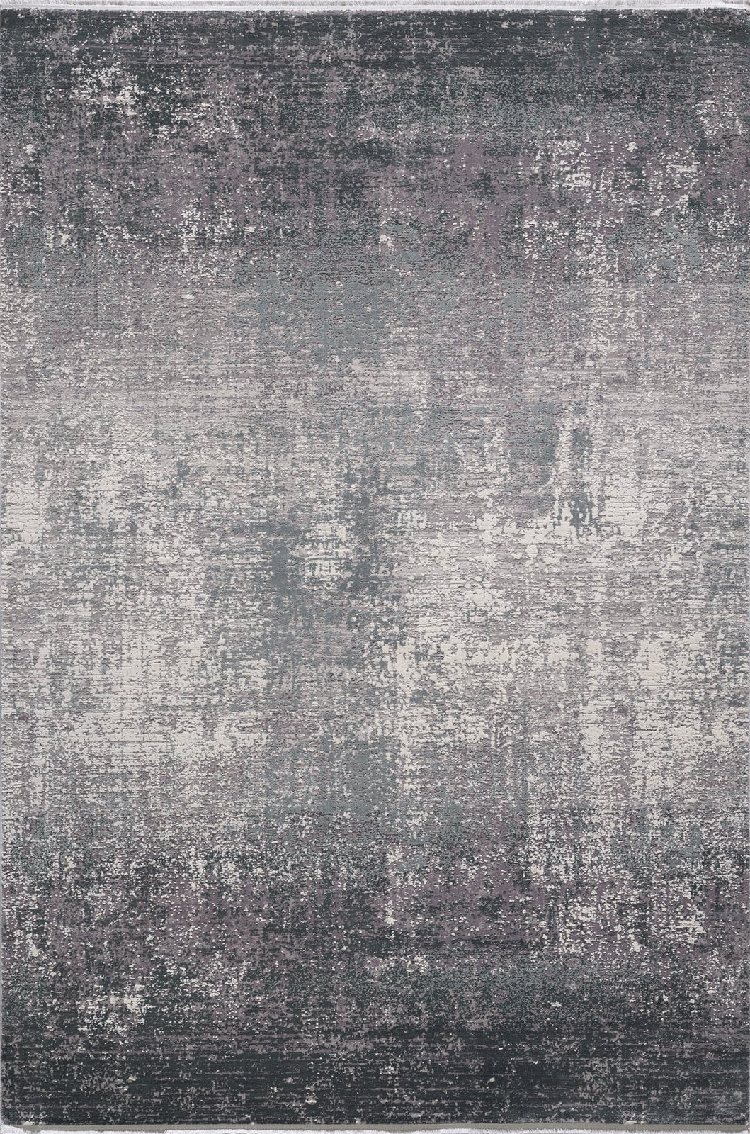The Vortexia Silver Premium Rug - M472A is a rectangular, machine-made rug featuring a distressed abstract pattern in gray, white, and muted purple for a textured, vintage look.