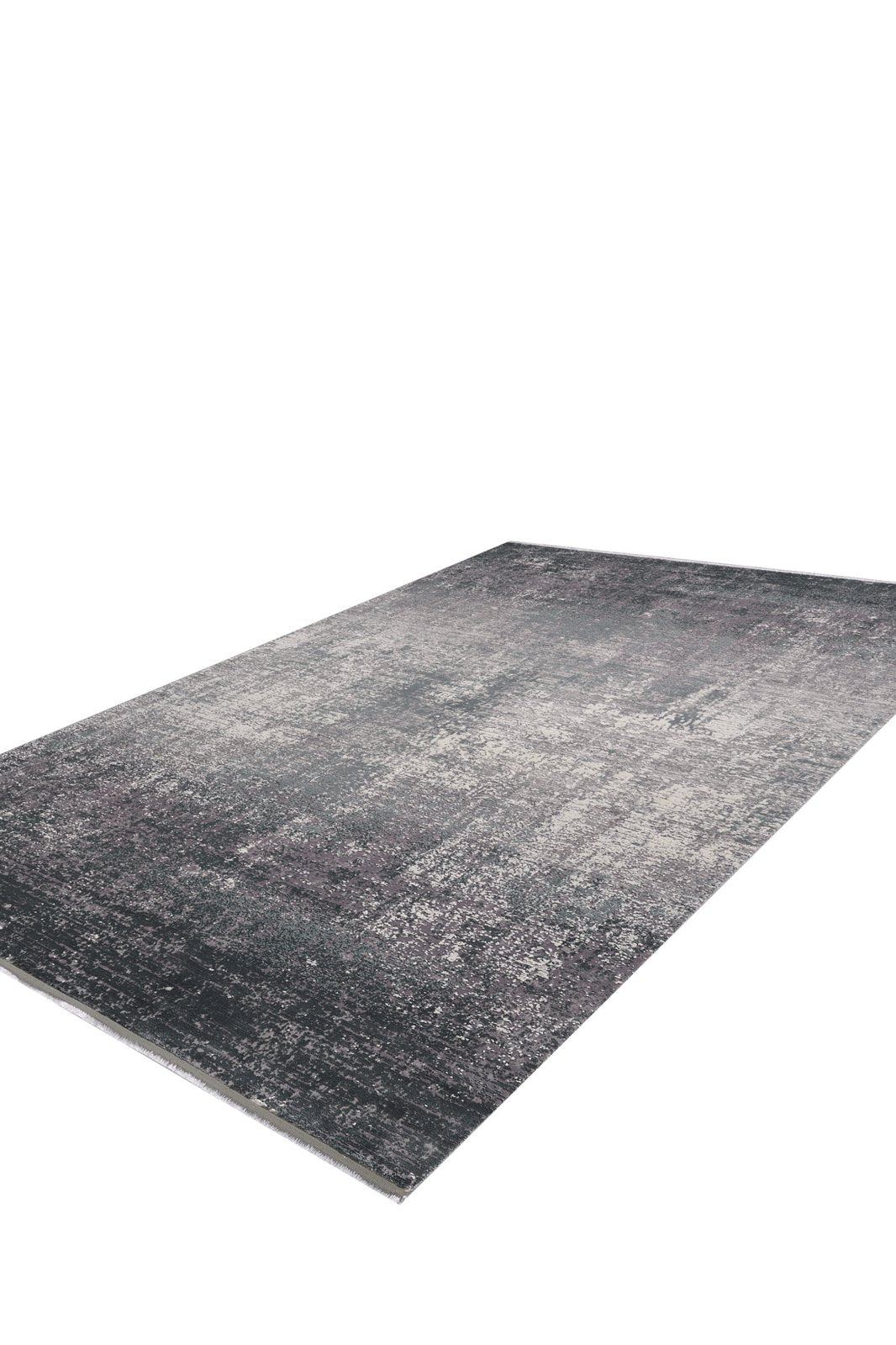 The Vortexia Silver Premium Rug - M472A features a rectangular, contemporary design with a distressed texture in shades of gray, black, and white, displayed on a white background.