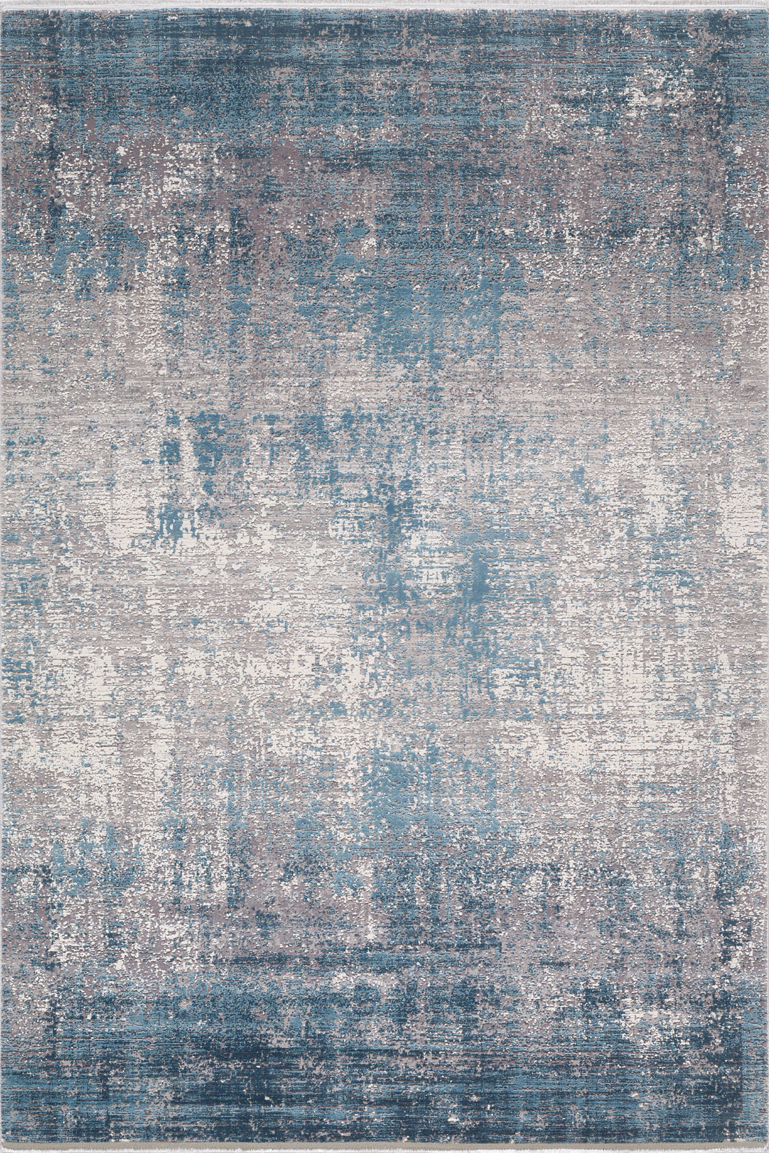 The Vortexia Sky Premium Rug - M472B is a rectangular machine-made rug with an abstract, distressed pattern in blue, gray, and white for a modern textured look.