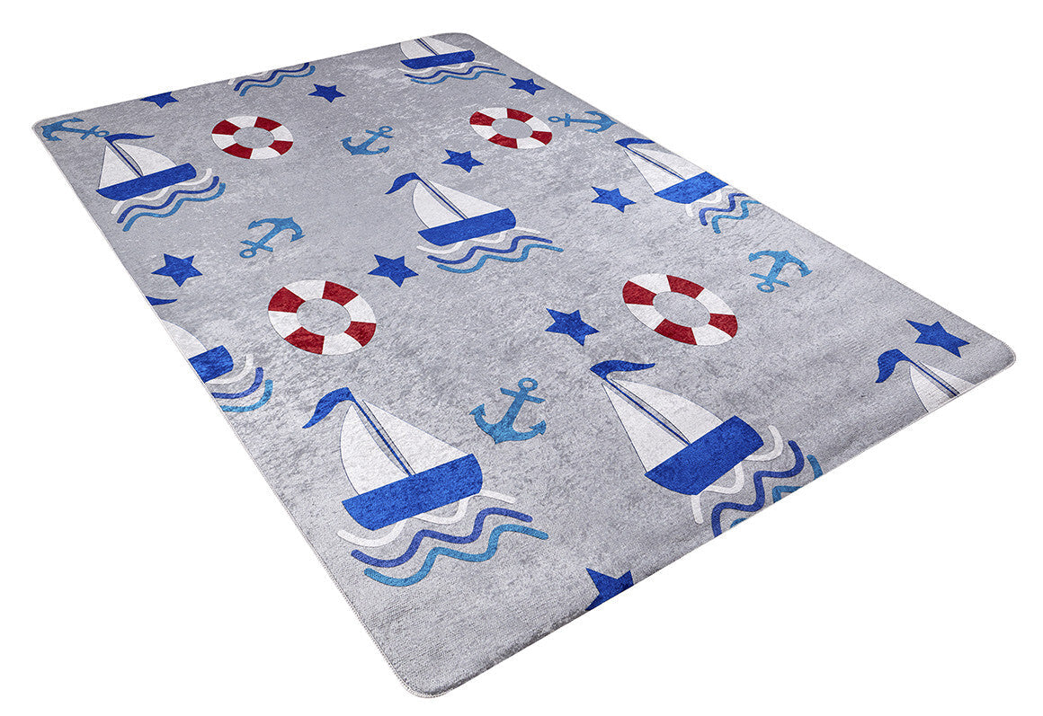 The WaveVenture - Machine-Washable Rug JRC087 (Custom Size) is a rectangular gray and blue rug with nautical sailboats, lifebuoys, anchors, and stars—perfect for high-traffic areas.