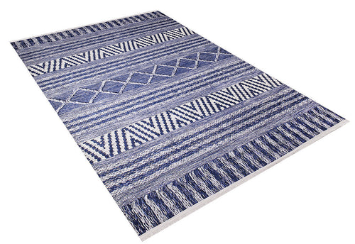 Load image 1 in gallery view. The Wavy Wonders - Washable Rug - JR941 (Custom Size) features a rectangular blue design with white zigzag, diamond, and stripe patterns, ideal for high-traffic areas and easily washable.