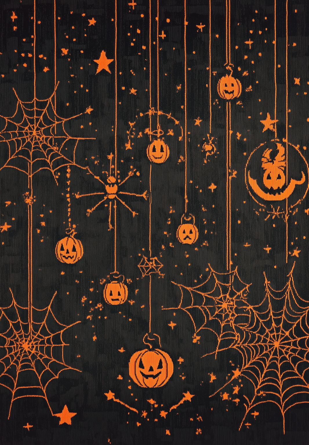 The Web Lights - Washable Rug - HLW007 features jack-o-lanterns, spider webs, spiders, stars, and bats on a black background—ideal for allergy-sensitive homes or high-traffic areas.