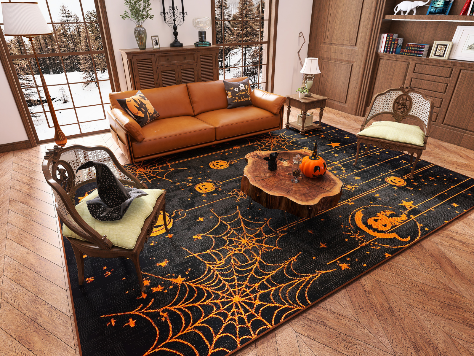 A cozy living room with wooden floors, autumn trees outside, and Halloween decor, including the Web Lights - Washable Rug - HLW007—perfect for high-traffic areas—a pumpkin, and a witch hat on a chair.