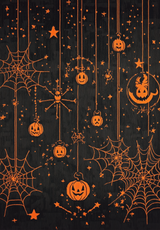 Web Lights - Washable Rug - HLW007 (Custom Size) features orange jack-o’-lanterns, spider webs, spiders, and stars on black—a fun Halloween design that’s washable and ideal for high-traffic or allergy-sensitive spaces.