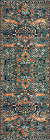 The Whisper Authentic Blue Washable Rug - LCC3034 is a rectangular, ornate blue rug with a symmetrical floral and vine pattern in blue, orange, gold, and beige, featuring a dark blue border—ideal for high-traffic areas.
