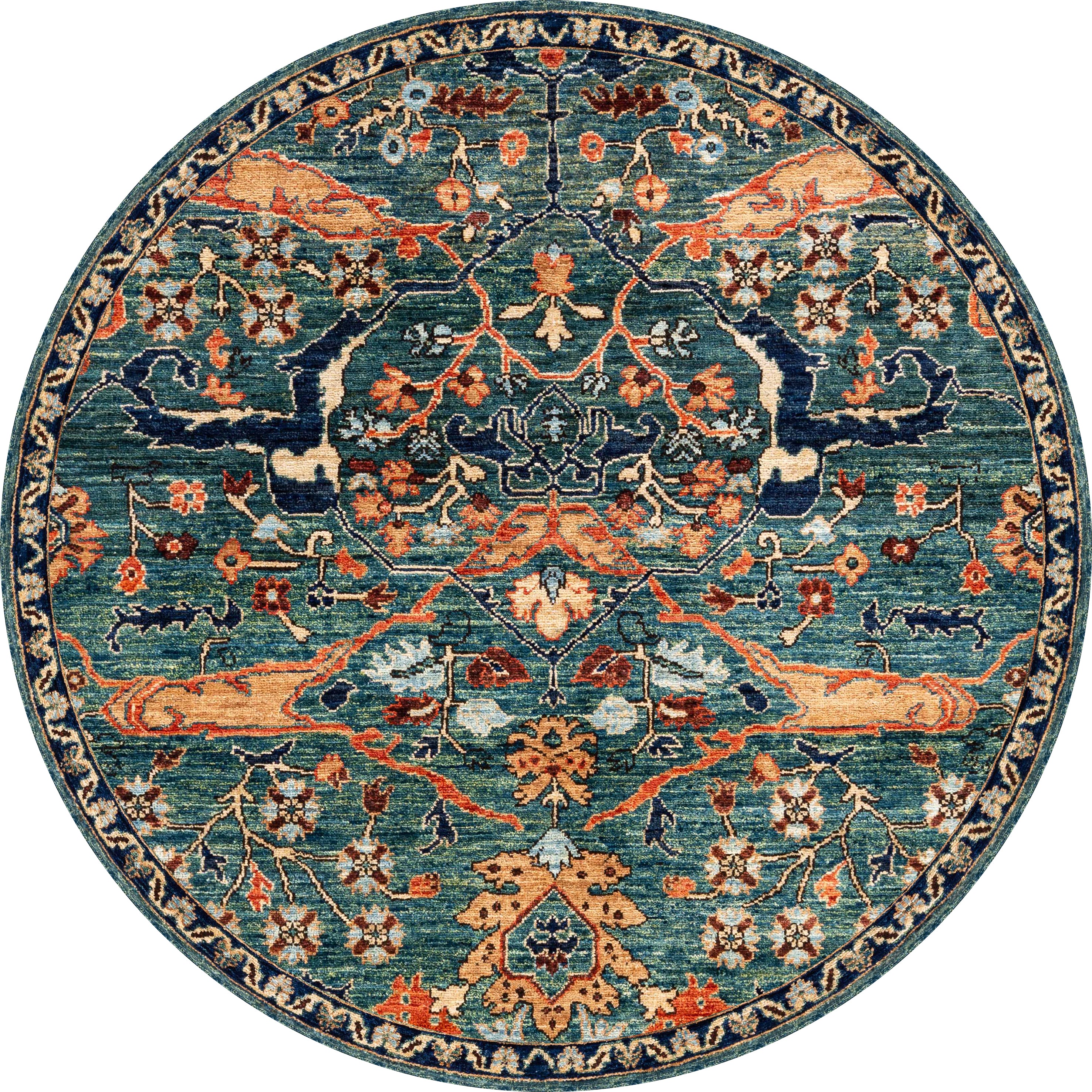 The Whisper Authentic Blue Washable Rug - LCC3034 features a round shape, intricate floral and vine motifs in teal, navy, orange, gold, and cream—perfect for high-traffic areas with its traditional symmetrical design.