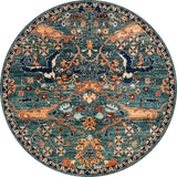 The Whisper Authentic Blue Washable Rug - LCC3034 features a round shape, intricate floral and vine motifs in teal, navy, orange, gold, and cream—perfect for high-traffic areas with its traditional symmetrical design.