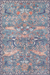 The Whisper Authentic Blue Washable Rug - LCC3034 (Custom Size) features an intricate blue, orange, pink, and cream floral and vine pattern with stylized motifs on a blue background—durable, washable, and ideal for high-traffic areas.
