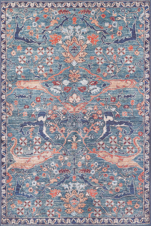 Load image 1 in gallery view. The Whisper Authentic Blue Washable Rug - LCC3034 (Custom Size) features an intricate blue, orange, pink, and cream floral and vine pattern with stylized motifs on a blue background—durable, washable, and ideal for high-traffic areas.