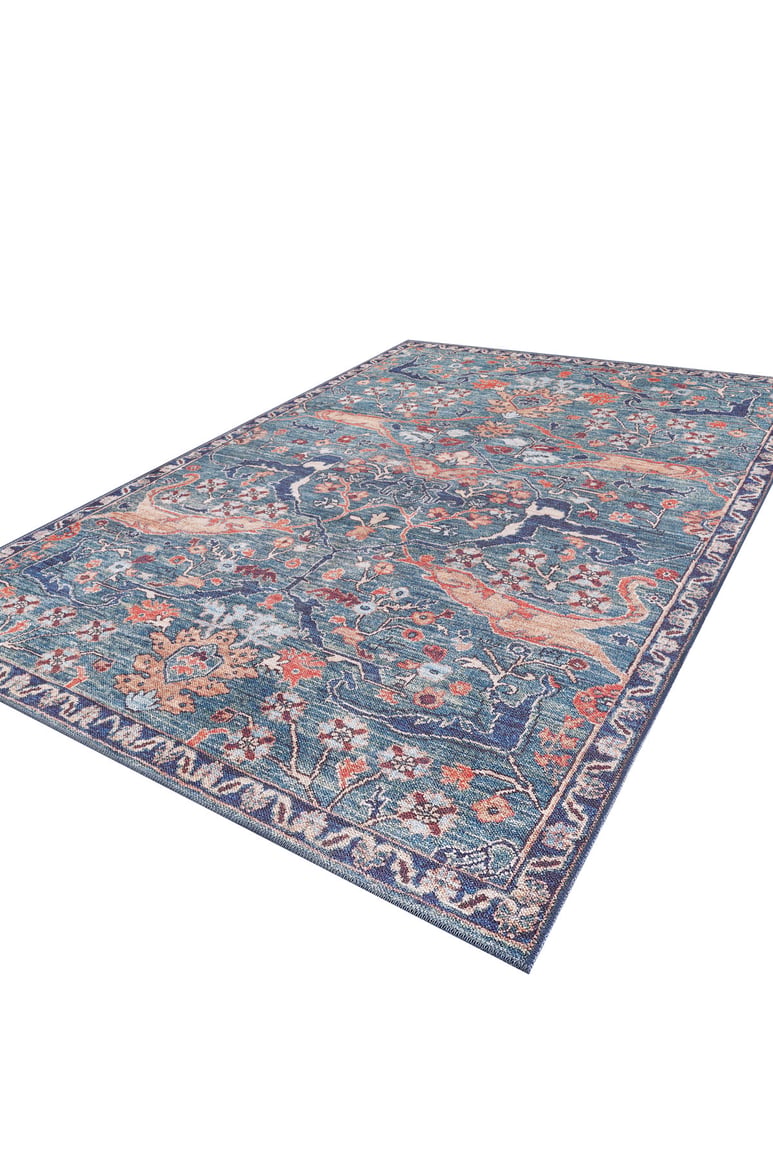 The Whisper Authentic Blue Washable Rug - LCC3034 (Custom Size) features an intricate floral and vine pattern in orange, cream, and green with a decorative border. This washable rug is ideal for high-traffic areas and is shown flat on a white background.