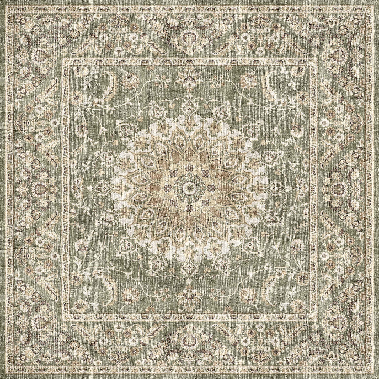 The Whispered Heritage - Washable Rug - JRN30 features a square Persian design with an ornate central medallion, floral patterns, and detailed borders in green, beige, cream, and brown for a timeless flat weave look.
