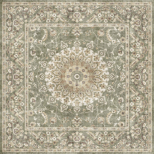 Load image 1 in gallery view. The Whispered Heritage - Washable Rug - JRN30 features a square Persian design with an ornate central medallion, floral patterns, and detailed borders in green, beige, cream, and brown for a timeless flat weave look.