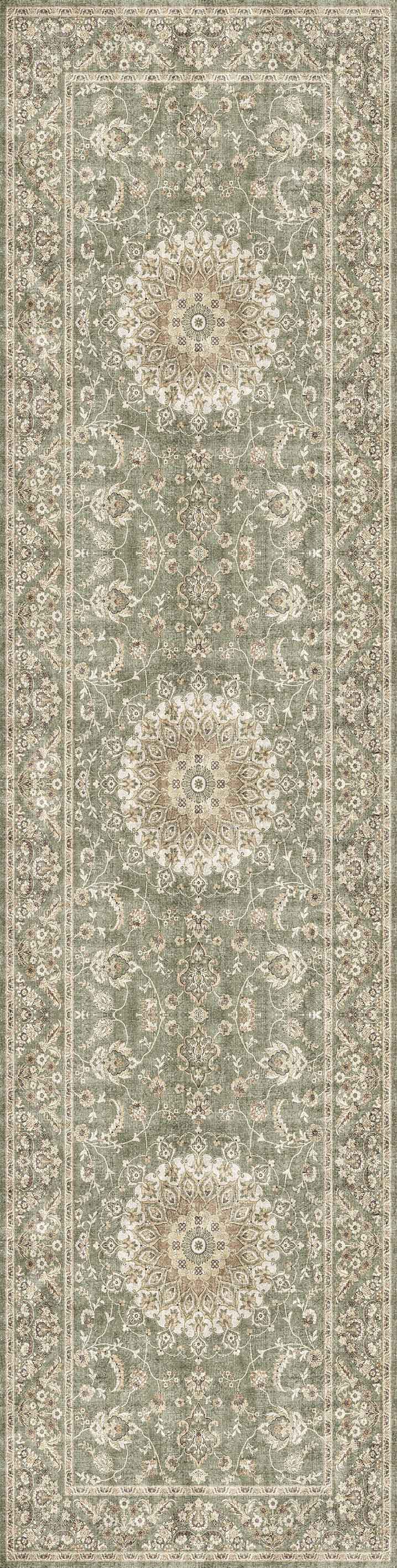 The Whispered Heritage - Washable Rug - JRN30 features a long, rectangular Persian design with a muted green background, ornate cream and beige floral patterns, three central medallions, and intricate decorative borders.