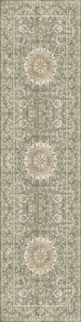The Whispered Heritage - Washable Rug - JRN30 features a long, rectangular Persian design with a muted green background, ornate cream and beige floral patterns, three central medallions, and intricate decorative borders.