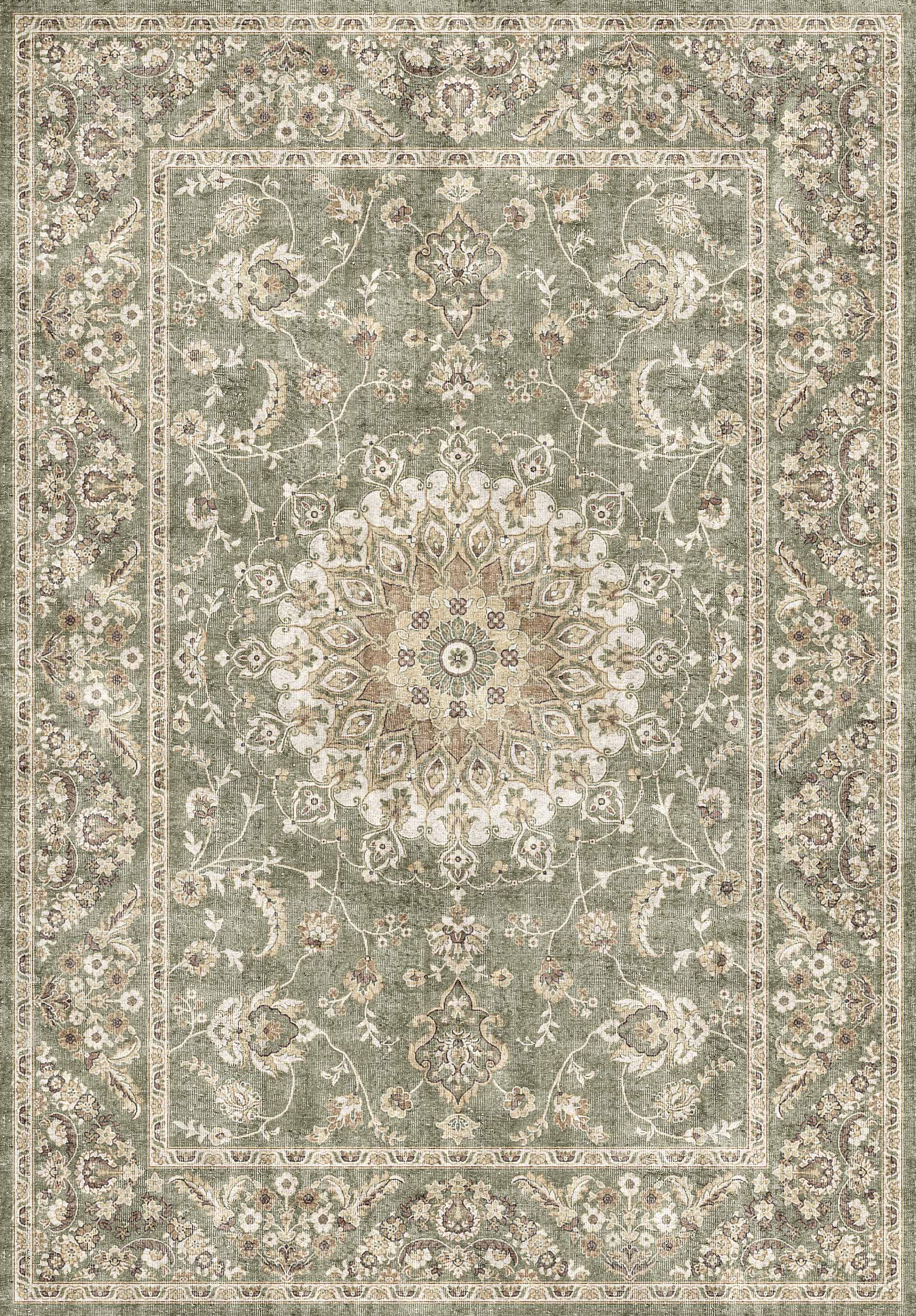 The Whispered Heritage - Washable Rug - JRN30 (Custom Size) features a central floral medallion, ornate vines, and symmetric motifs in sage green, beige, and ivory—perfect for high-traffic areas with its multiple decorative borders.