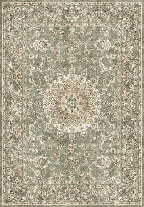 Load image 1 in gallery view. The Whispered Heritage - Washable Rug - JRN30 (Custom Size) features a central floral medallion, ornate vines, and symmetric motifs in sage green, beige, and ivory—perfect for high-traffic areas with its multiple decorative borders.