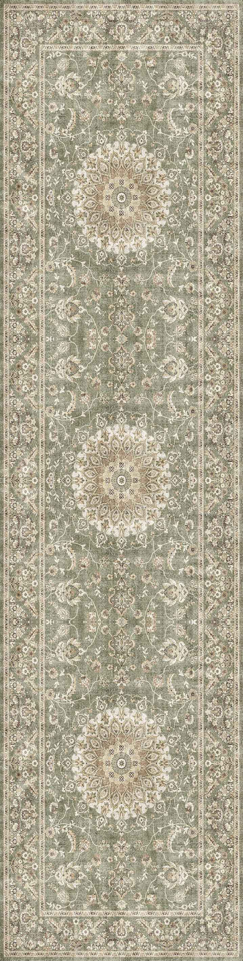 Load image 1 in gallery view. The Whispered Heritage - Washable Rug - JRN30 features a rectangular Persian-inspired design with a faded green background, intricate floral and vine motifs, three cream medallions, and a detailed beige-brown border. Durable for high-traffic areas. Custom size available.