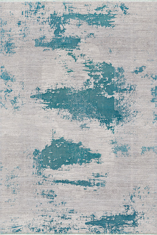 Load image 1 in gallery view. The Whispering Mist Modern Rug - Blue - HRD001 features a machine-made, abstract distressed pattern with large teal blue patches on a light gray background for a textured, contemporary look.