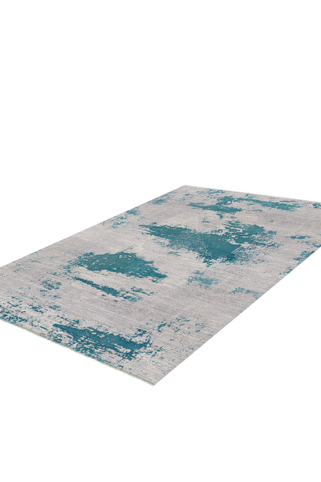 The Whispering Mist Modern Rug - Blue - HRD001 is a rectangular machine-made rug with a light gray base and teal blue abstract patches, featuring a modern distressed design. Displayed on a white background.