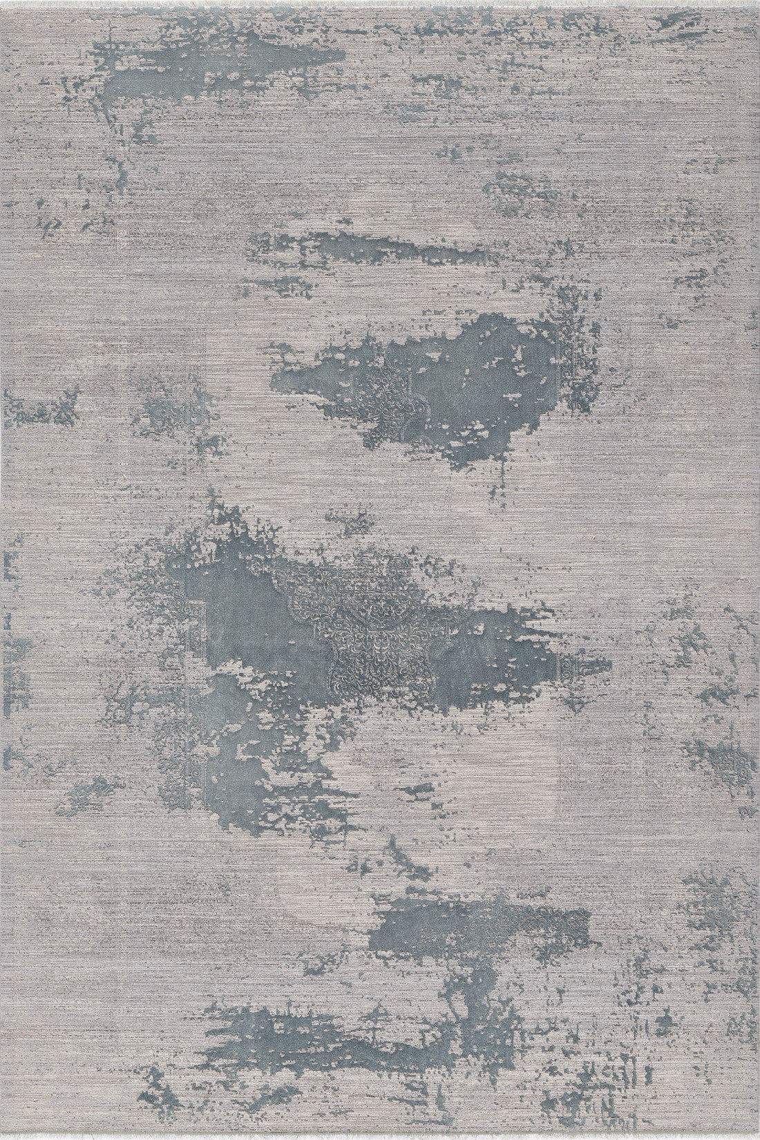 The Whispering Mist Modern Rug - Silver - HRD002 is a rectangular, machine-made rug with an abstract design in muted grey and blue tones, featuring a modern distressed look.