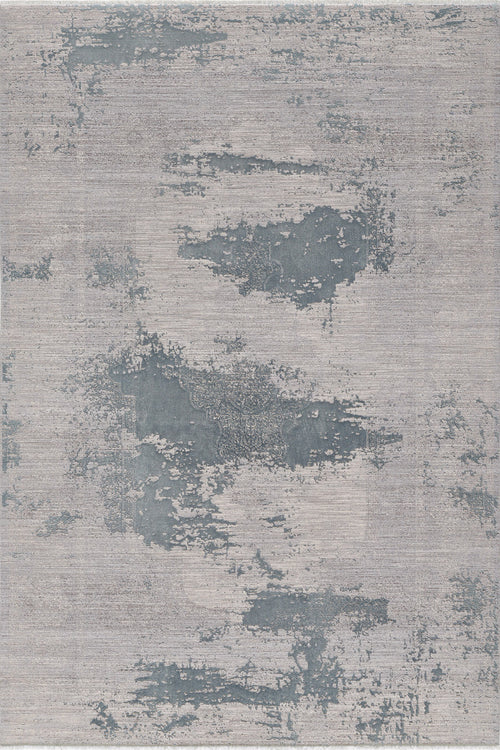 Load image 1 in gallery view. The Whispering Mist Modern Rug - Silver - HRD002 is a rectangular, machine-made rug with an abstract design in muted grey and blue tones, featuring a modern distressed look.