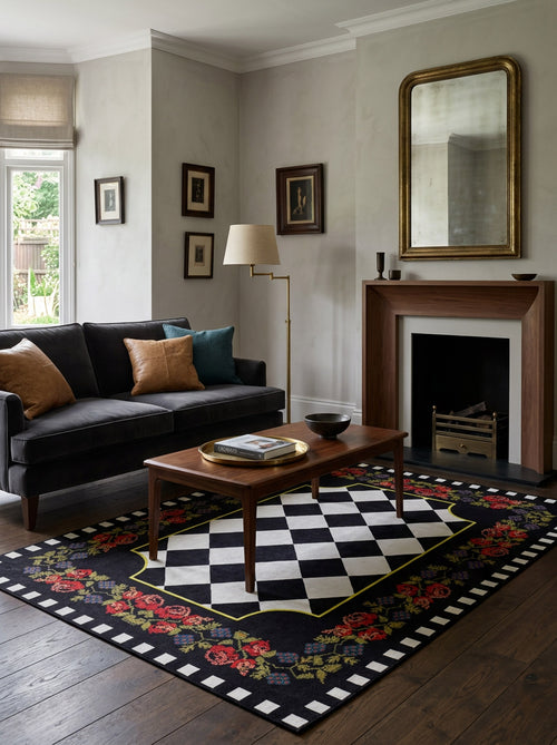 Load image 1 in gallery view. A stylish living room with a dark sofa, mustard cushions, tall lamp, framed art, wooden coffee table on the Wildflower Wonderland - Washable Rug - JR587 (ideal for high-traffic areas), fireplace, and a large mirror above the mantel.