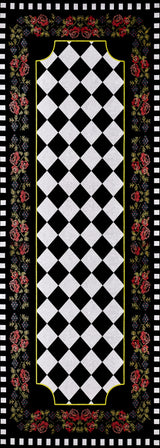 The Wildflower Wonderland - Washable Rug (JR587) features a rectangular flat weave, a black and white diamond checkerboard center, bordered by black with red and pink roses, yellow trim, and a checkered edge.