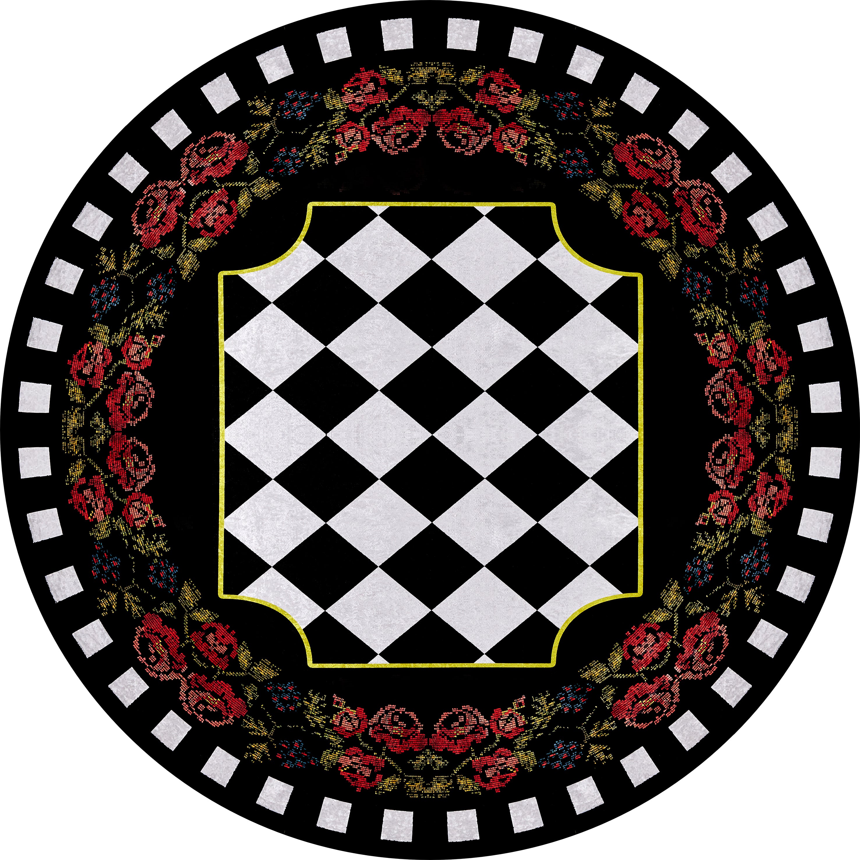 The Wildflower Wonderland - Washable Rug - JR587 features a round flat weave with a black and white checkered center, scalloped yellow border, red roses ring, and a black background accented by a white square border.