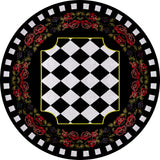The Wildflower Wonderland - Washable Rug - JR587 features a round flat weave with a black and white checkered center, scalloped yellow border, red roses ring, and a black background accented by a white square border.