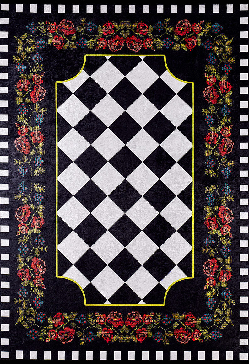 The Wildflower Wonderland - Washable Rug - JR587 (Custom Size) features a black-and-white diamond checkerboard center, yellow border, floral accents in red, yellow, and blue, and a checkered edge—durable for high-traffic areas.