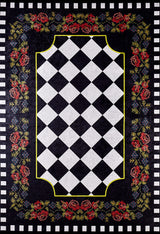 The Wildflower Wonderland - Washable Rug - JR587 (Custom Size) features a black-and-white diamond checkerboard center, yellow border, floral accents in red, yellow, and blue, and a checkered edge—durable for high-traffic areas.