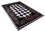 The Wildflower Wonderland - Washable Rug - JR587 (Custom Size) features a central black and white checkerboard, bordered by red roses and green leaves, with an outer checkered edge—a bold, washable choice for high-traffic spaces.