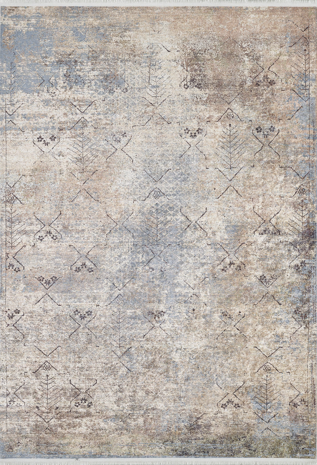 The Windowpane Trellis - Washable Rug - JR1663 (Custom Size) features a distressed, washable design with faded geometric lines and arrows in muted beige, blue, bronze, and brown—ideal for high-traffic areas needing a vintage touch.
