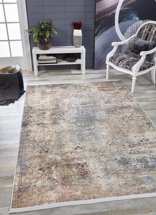 Bild 1 in Galerieansicht laden. A contemporary living space features the Windowpane Trellis - Washable Rug - JR1663 (Custom Size), perfect for high-traffic areas, along with a white accent chair, console table, fur pillow, plant, modern art, and light wood flooring.
