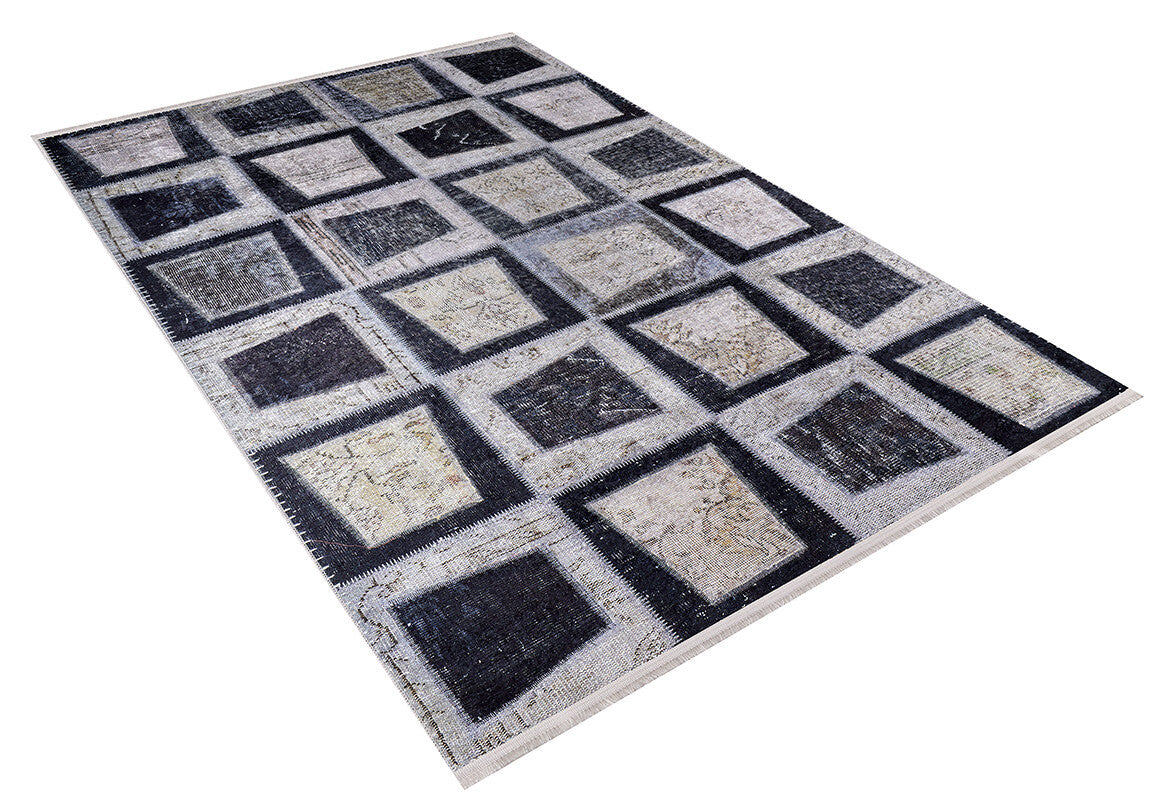 The Windowpane Wonder - Washable Rug - JR184 (Custom Size) features a washable, rectangular design with black, gray, and beige patchwork squares in a grid on white—perfect for high-traffic areas.
