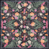 The Woven Grace - Washable Rug - JRN28 features a vintage, tapestry-inspired square design with orange, pink, and white flowers and green leaves on a dark background for an ornate, symmetrical look.