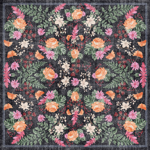 Load image 1 in gallery view. The Woven Grace - Washable Rug - JRN28 features a vintage, tapestry-inspired square design with orange, pink, and white flowers and green leaves on a dark background for an ornate, symmetrical look.