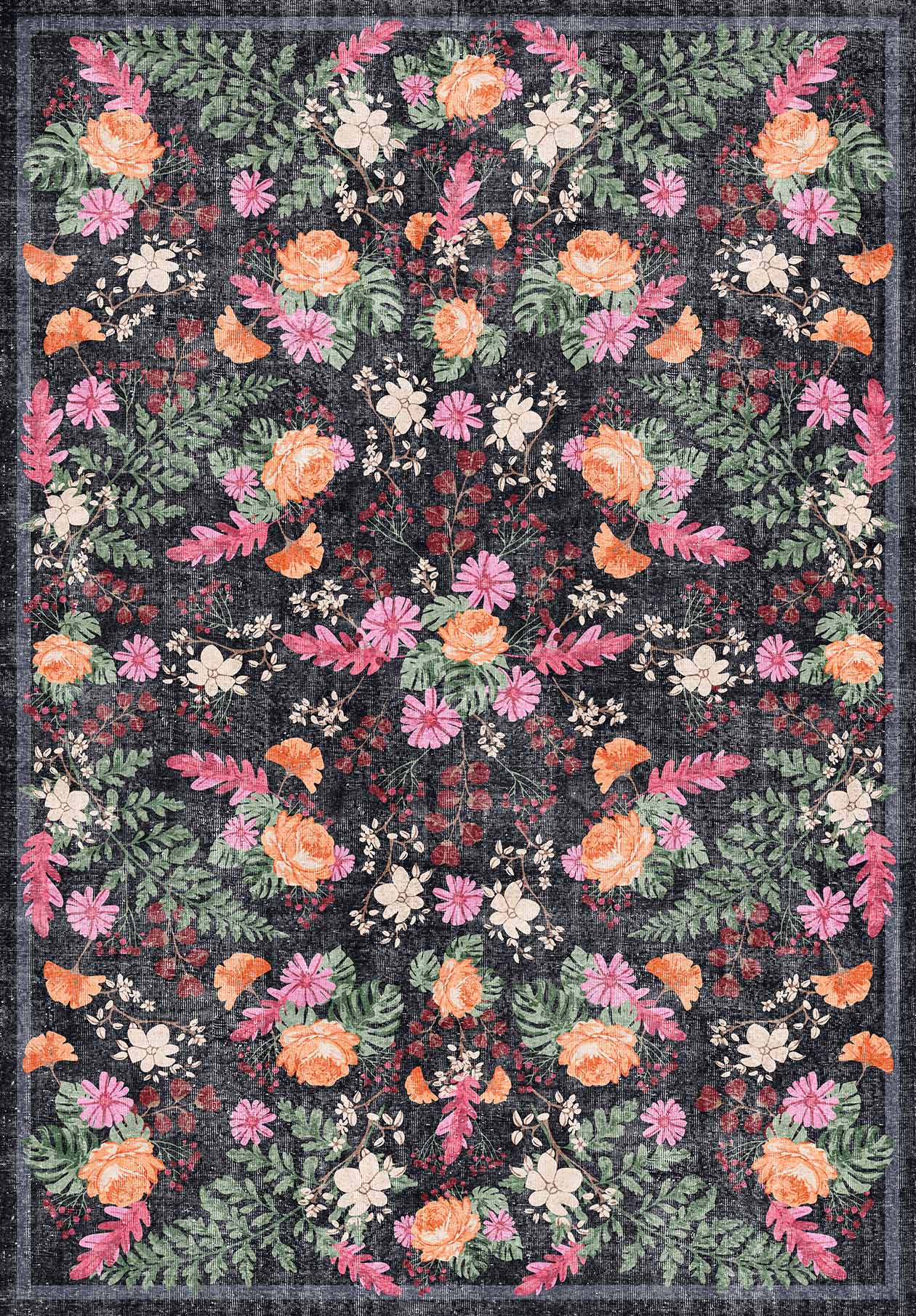 The Woven Grace - Washable Rug - JRN28 (Custom Size) features a vintage, allergy-friendly design with a symmetrical floral pattern of roses, daisies, and ferns in pink, orange, white, and green on a dark background.