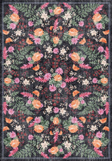 The Woven Grace - Washable Rug - JRN28 (Custom Size) features a vintage, allergy-friendly design with a symmetrical floral pattern of roses, daisies, and ferns in pink, orange, white, and green on a dark background.