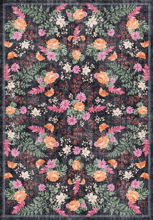 Load image 1 in gallery view. The Woven Grace - Washable Rug - JRN28 (Custom Size) features a vintage, allergy-friendly design with a symmetrical floral pattern of roses, daisies, and ferns in pink, orange, white, and green on a dark background.