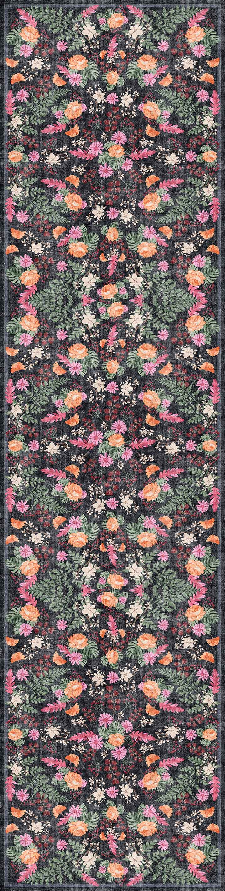 The Woven Grace - Washable Rug - JRN28 (Custom Size) showcases a rectangular design with vibrant pink, orange, yellow, and green floral patterns on a dark background, repeated vertically for a mirrored effect.