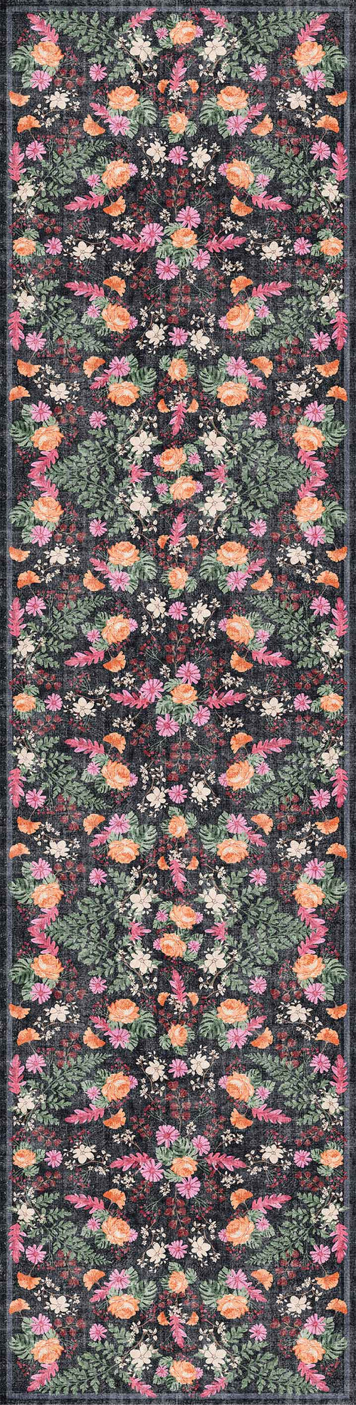 Load image 1 in gallery view. The Woven Grace - Washable Rug - JRN28 (Custom Size) showcases a rectangular design with vibrant pink, orange, yellow, and green floral patterns on a dark background, repeated vertically for a mirrored effect.