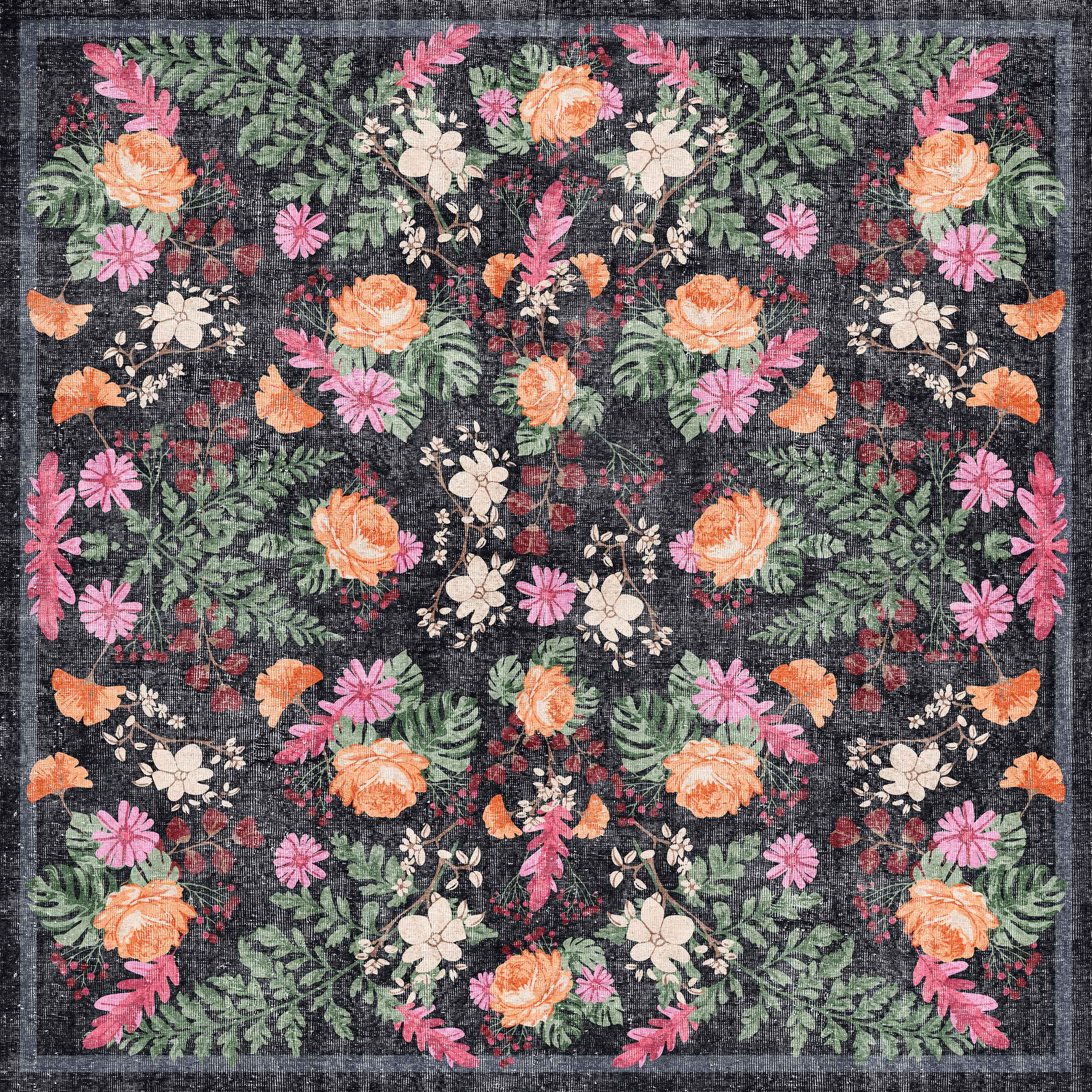 The Woven Grace - Washable Rug - JRN28 (Custom Size) features a symmetrical floral pattern in orange, pink, and white with green leaves on a dark textured background. This durable vintage rug is stylish, allergy-friendly, and easy to clean.