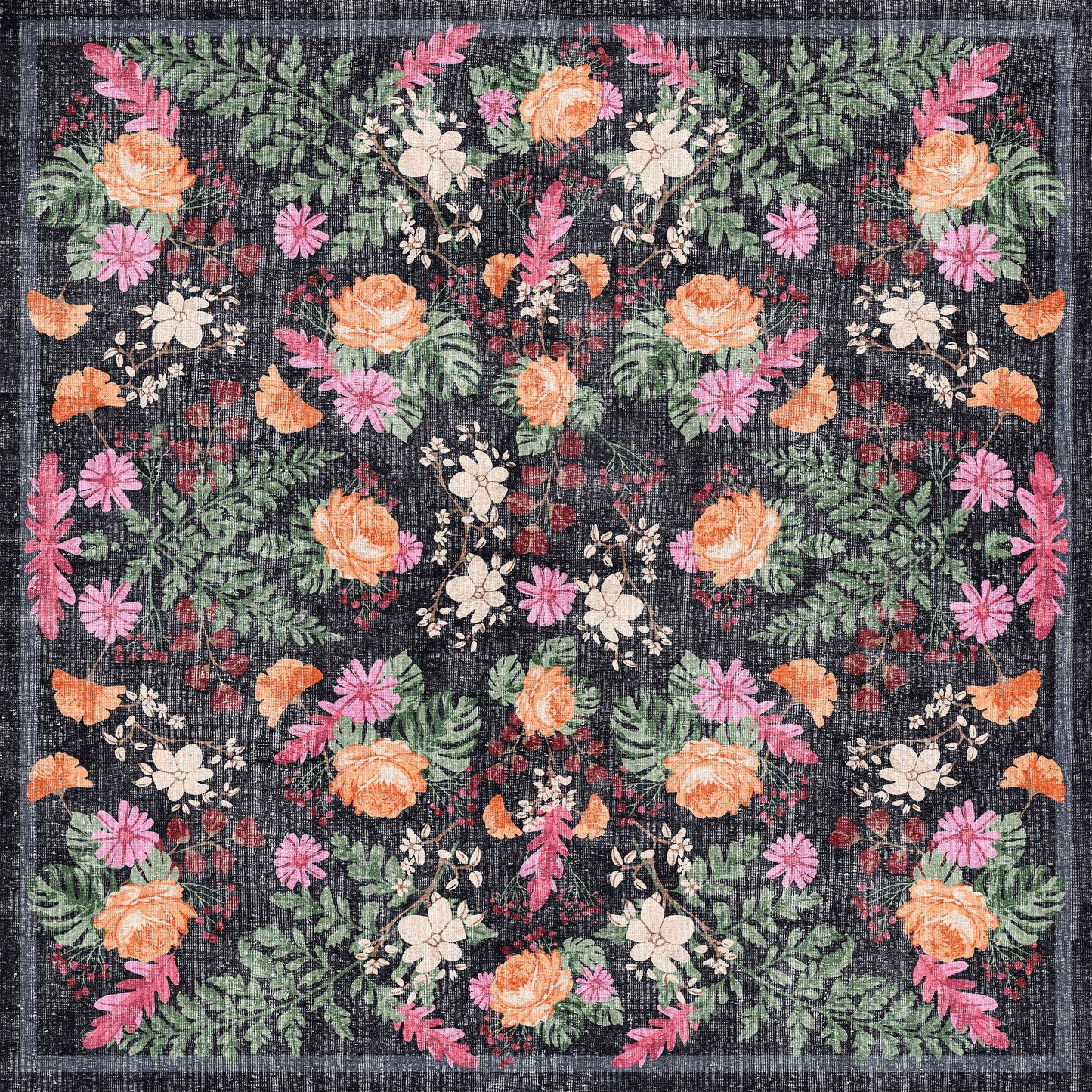 The Woven Grace - Washable Rug - JRN28 (Custom Size) features a symmetrical floral pattern in orange, pink, and white with green leaves on a dark textured background. This durable vintage rug is stylish, allergy-friendly, and easy to clean.