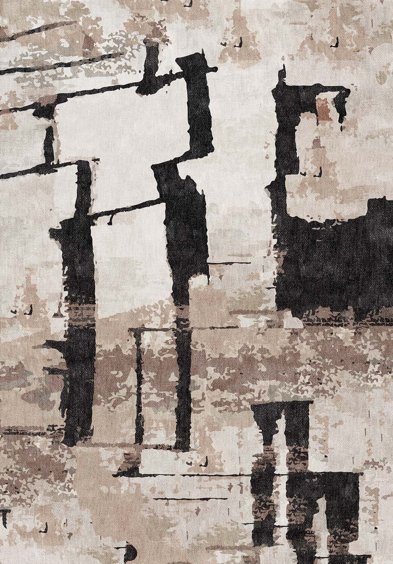 The Woven Memoir - Washable Rug - JRN41 features bold black brushstrokes over a textured beige, brown, and gray background, mimicking a flat weave with organic shapes and weathered vertical lines—ideal for modern decor.