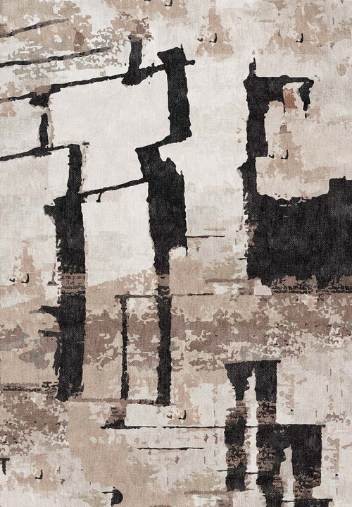 Load image 1 in gallery view. The Woven Memoir - Washable Rug - JRN41 features bold black brushstrokes over a textured beige, brown, and gray background, mimicking a flat weave with organic shapes and weathered vertical lines—ideal for modern decor.